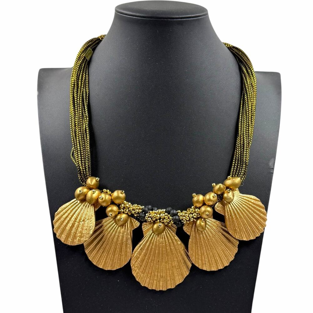 VTG 80s Gold Scallop Shell Bib Statement Necklace Philippines Multi Strand Beads